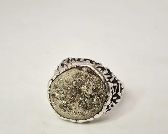 Heavy men's ring with pyrite geode, studio work, silver, Schmuckrausch vintage 00193