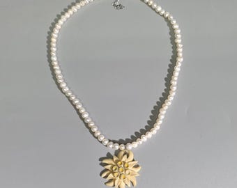 Vintage Bavarian Edelweiss Necklace with Carved Bone Pendant and Freshwater Pearls I SR1394