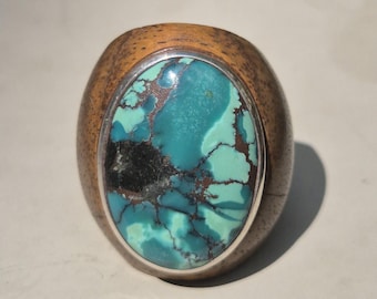 Turquoise ring • Size 52 • Makassar ebony & 925 silver • Sono wood • Green turquoise with matrix • 26mm stone • 10g • Unique piece I 1634