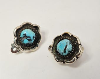 Navajo ear clips with turquoise and silver, Native American jewelry USA, vintage flower shape, approx. 15 mm, Schmuckrausch Vintage