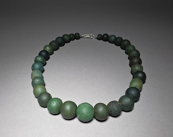Rare Original Jatim Glass Bead Necklace 174g, 31 Old Java Beads, Indonesia, Handmade 925 Silver Clasp I SR1359