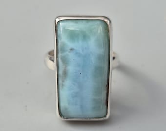 Handmade Larimar ring – square stone simply set in 925 silver, size 62, hallmarked Silvery – Schmuckrausch Vintage 1246