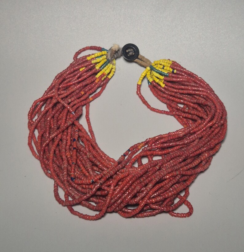 Antik Seedbead Barnhalsband, 27-trådiga röda glaspärlor, etnografiska Himalaya-smycken, Schmuckrausch Vintage 0055 bild 6