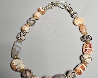 Ancient Pyu style agate bead bracelet, etched trade beads, Burma antique mixed stone beads, Tribal Spirit Gallery