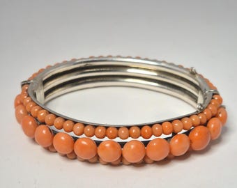 Antique coral bangle, 800 silver, three-strand, Sciacca coral possible, hook clasp, Schmuckrausch Vintage 0333