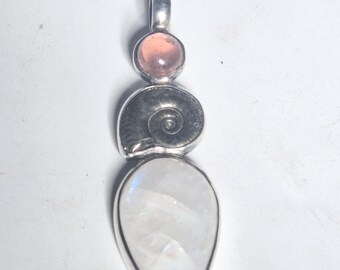 Rainbow Moonstone Pendant with Tourmaline & Ammonite | 925 Silver | Unique | White Labradorite | Boho Amulet | Tribal Spirit
