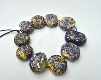 10 antique “End of the Day” Tabular Beads from Murano – ca. 1900 | Glass remnants made of Chevron & Millefiori | 102g | (1380)
