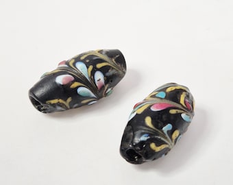 Antique pair of black floral fancy trade beads, Murano Venetian glass beads, 19th century, rare, vintage jewelry 0125