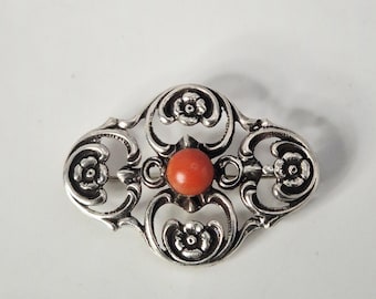Antique silver brooch, coral, 835, traditional wedding jewelry, vintage 0202