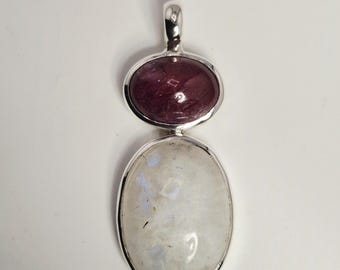 White Labradorite Ruby Pendant 925 Silver Rainbow Moonstone Jewelry Rush Vintage 1723