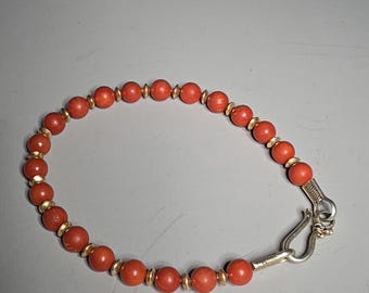 SEO title: Antique Italian coral bracelet, Corallium rubrum, 19.5 cm, 925 sterling silver, gold-plated, vintage jewelry, Vintage 0676