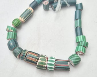 28 green chevron beads • 4- & 6-ply • Rare Murano beads from the African trade • Antique glass beads • 26.46g lot • Collector's ethnic jewelry