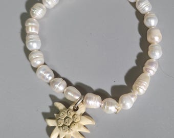 Bavarian Trachten Bracelet with Freshwater Pearls and Antique Bone Edelweiss Charm I SR1575