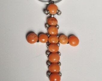 Cross pendant with Italian coral, circa 1900, 12 cabochons, seed pearls, silver tested, including chain – Schmuckrausch Vintage 0069