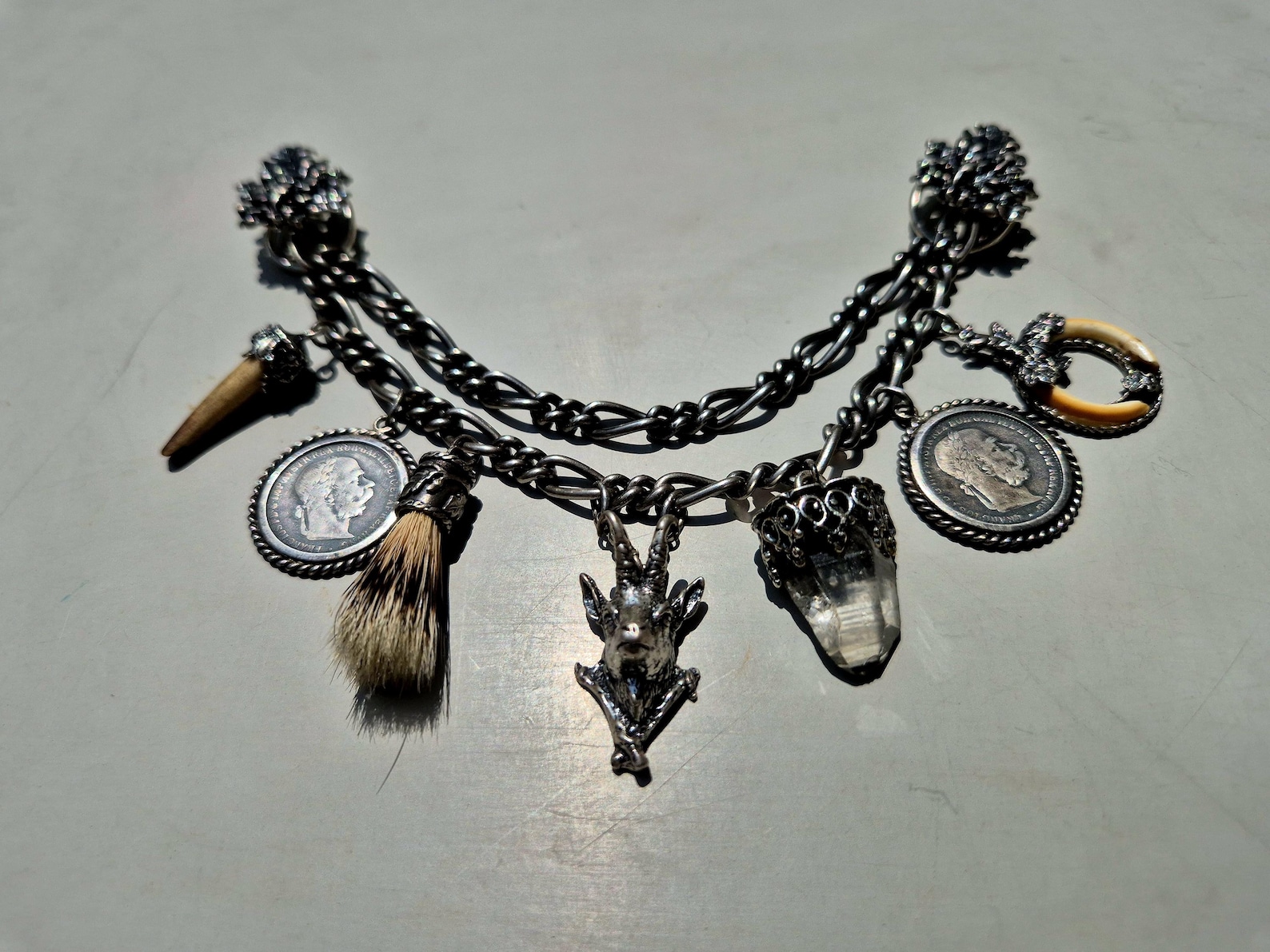 Vintage ladies' charivari made of 925 silver – oak leaves, hunting motifs & lucky charm – ca. 1950, Germany