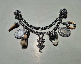 Vintage ladies' charivari made of 925 silver – oak leaves, hunting motifs & lucky charm – ca. 1950, Germany