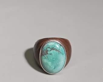Natural Turquoise Wood Ring, Macassar Ebony & 925 Sterling Silver, Vintage 2000s Statement Ring, Size EU 60 I SR1637