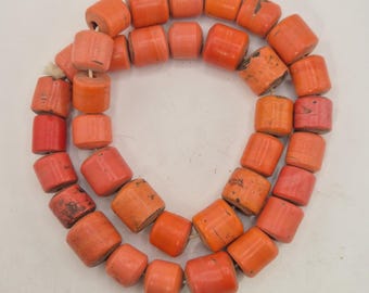 Antique Sherpa Coral Glass Bead Strand Nepal Tibet Barrel Shaped Patina 216 g Vintage Trade Beads Jewelry Rush Vintage 1954