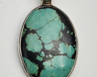 Pendant turquoise green with black matrix • 925 silver hallmarked • Cabochon • Unique natural stone • Size 34mm I 1518
