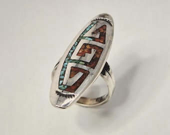 Native American Ring, 925 Sterling Silver, Coral Turquoise Inlay, USA, Schmuckrausch Vintage