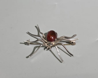 Antique Art Deco Spider Brooch 835 Silver – Cognac Amber & Marcasites – Vintage Insect Jewelry I SR1680
