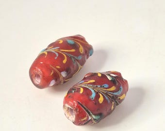 Very rare pair of Lorale Whiteheart glass beads, Murano antique Venetian trade beads, Schmuckrausch vintage 0130