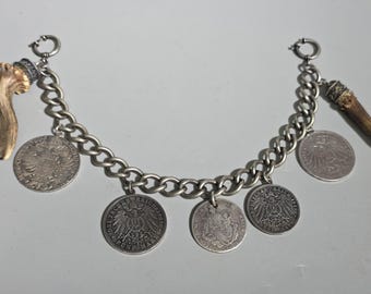 Antique Bavarian Silver Charivari with 7 Pendants – Historic Coins, Deer Antlers & Wedding Tracht I SR1947