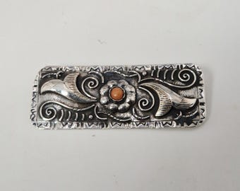 Art Nouveau brooch, 835 silver with Italian coral, floral setting, 60 x 12 mm, antique vintage – Schmuckrausch Vintage 0062