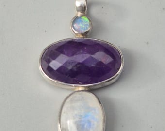 Pendant with opal, amethyst & white labradorite – 925 silver, handmade, 46 mm, 0.28 g – Schmuckrausch Vintage 344