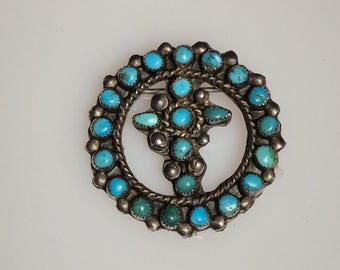 Zuni brooch USA around 1930 – 23 genuine turquoises – silver tested – cross motif – Native American – Schmuckrausch Vintage 1688