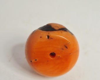 Antique Tibetan coral bead, 20 mm, trade bead with shellac repair, patina, Italian coral, Jewelry Rush Vintage 0349