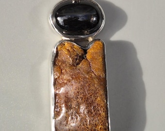 Unique pendant made of amber & black star obsidian – natural amber silver 925 – Silvery by Schmuckrausch Vintage