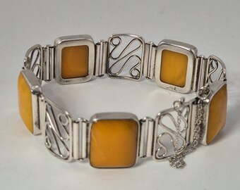Fischland Bracelet, 835 Silver, Butterscotch Amber, 5 Cabochons, 20 cm, Vintage GDR Jewelry, Schmuckrausch Vintage 0075