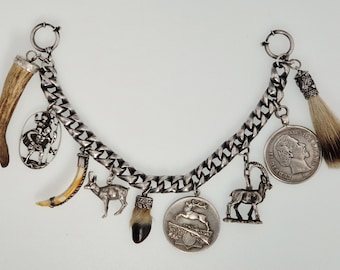 Antique men's charivari silver 925 with 10 pendants – King Ludwig II. coin, badger beard, hunting trophies & Saint George – Schmuckrausch 1821