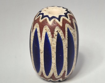 Antique chevron glass bead, egg-shaped, 6-layered, 36 x 24 mm, blue, red, white, Africa, re-import 0161