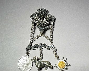 Antique skirt pin, 835 silver, with dachshund, 1 Mark 1914 and silver thistle – Dirndl jewelry Oktoberfest – 60 g I SR1455