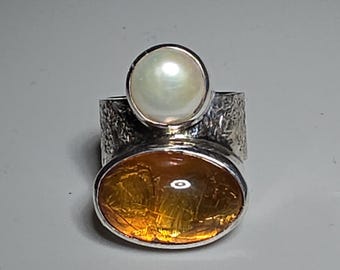 Amber Freshwater Pearl Ring Silver 925 Cabochon Tribal Spirit Gallery 0818