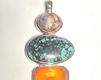 Pendant fire opal amber turquoise silver 925 unique piece 1143