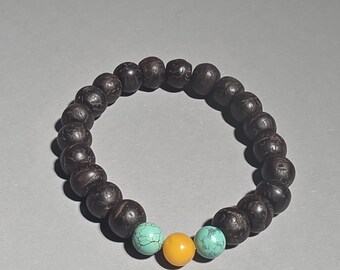 Vintage Rudraksha Bracelet with Natural Hubei Turquoise and Baltic Amber Bead Nepal Meditation Jewelry