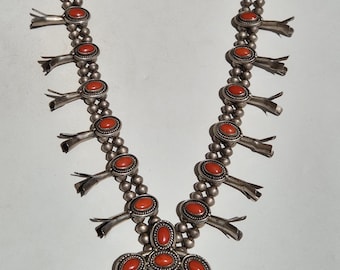 Vintage Squash Blossom necklace 1950, sterling silver tested, red coral, 209g, Navajo style, 66 cm, authentic & solid (1421)
