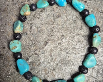 Turquoise Lava Bracelet, Elastic, 20 cm, Natural Stones, Tribal Spirit, Jewelry Rush, Vintage 0345