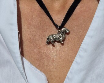 Vintage pendant wire-haired dachshund dog silver on velvet ribbon traditional jewelry Schmuckrausch Vintage 1243