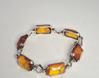 Art Deco amber bracelet, 835 silver, faceted cognac amber, Germany, box clasp, 19 cm, Schmuckrausch Vintage 0355