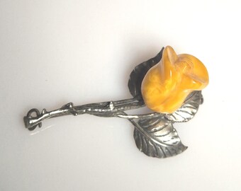 Antique brooch, silver-tested – amber rose blossom butterscotch – hand-hammered – floral design – approx. 9.3g – unique piece 1672
