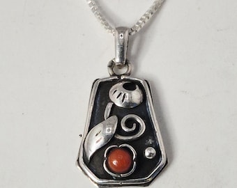 Art Nouveau silver pendant, 800, with red Italian coral, 4.19 g, handmade, hallmarked G, with 925 binder chain – Schmuckrausch Vintage 0028