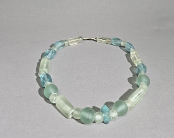 Recycled Java Glass Necklace 117g, Aquamarine Blue Bottle Glass Beads, Indonesia, Handmade 925 Silver Clasp