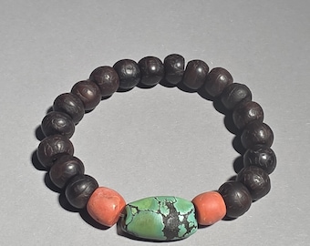 Vintage Rudraksha Bracelet with Antique Tibetan Turquoise and Natural Mediterranean Coral Nepal I 1066