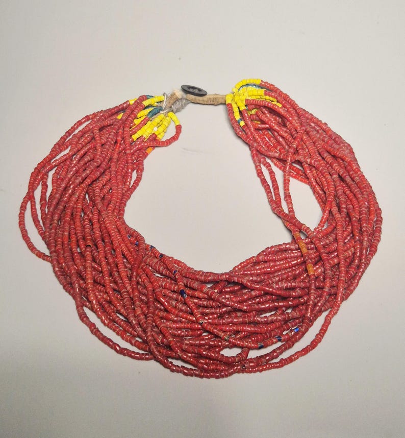 Antik Seedbead Barnhalsband, 27-trådiga röda glaspärlor, etnografiska Himalaya-smycken, Schmuckrausch Vintage 0055 bild 1