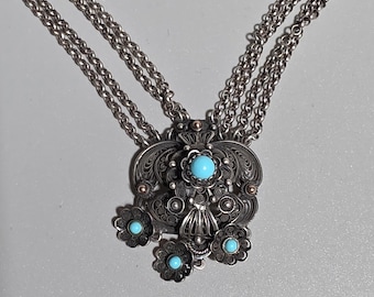 Art Nouveau traditional Bavarian necklace – 4 turquoise cabochons, 835 silver, delicate handwork with rose gold accents – Schmuckrausch Vintage 332