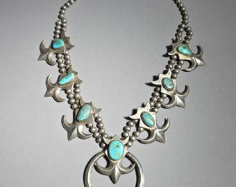 Antique Navajo Pawn Turquoise Necklace Natural Turquoise Sand Cast Sterling Silver c1930 Native American